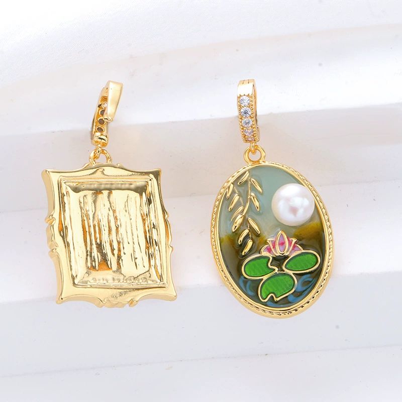 Dây Chuyền Mặt Tranh Sơn Dầu Hoa Sen Khung Oval Đính Ngọc Trai Tự Nhiên Phong Cách Pháp Retro MADAME HIEN PEARLS Cho Nữ MN069