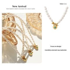Dây Chuyền Ngọc Trai Mặt Trái Tim Khảm Đá Ngọc Lam Cao Cấp Kiểu Pháp MADAME HIEN PEARLS CG014