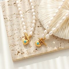 Dây Chuyền Ngọc Trai Mặt Trái Tim Khảm Đá Ngọc Lam Cao Cấp Kiểu Pháp MADAME HIEN PEARLS CG014