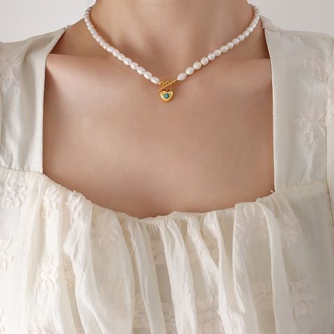 Dây Chuyền Ngọc Trai Mặt Trái Tim Khảm Đá Ngọc Lam Cao Cấp Kiểu Pháp MADAME HIEN PEARLS