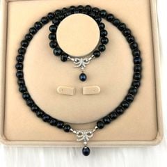 Bộ Set Ngọc Trai Đen Gồm Vòng cổ + Vòng Tay Tự Nhiên 9-10mm Khoá Nơ Bạc Mặt Giọt Nước MADAME HIEN PEARLS SCT004D