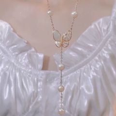 Vòng Cổ Dây Chuyền Điểm Hạt Ngọc Trai Tự Nhiên Mặt Hoa 5 Cánh Nối Tua Rua Dài Sành Điệu MADAME HIEN PEARLS Cho Nữ CT067