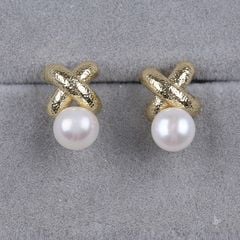 Khuyên Tai Kim Bạc s925 Đính Ngọc Trai Nước Ngọt Tự Nhiên Mặt Hình X Dễ Thương BTN059