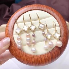 Bông tai Ngọc Trai Mặt Cỏ 4 Lá Trắng Xà Cừ Tua Rua 1 Hạt Ngọc Trai Tự Nhiên MADAME HIEN PEARLS Cho Nữ BTT097