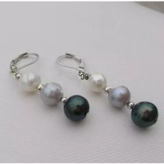 Bông Tai Chuôi Vàng Ý Đính 3 Hạt Ngọc Trai Tự Nhiên 8-9mm Tone Xám Trắng Cho Nữ