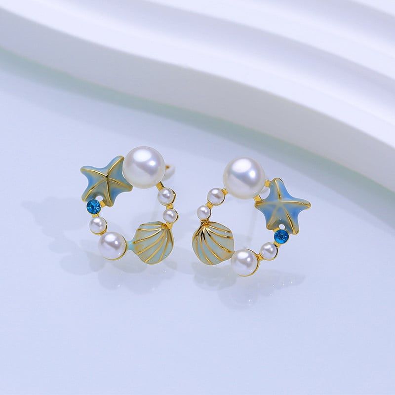 Bông Tai Ngọc Trai Tự Nhiên Mặt Sò Biển Và Sao Biển MADAME HIEN PEARLS Cho Nữ BTN226