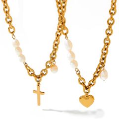 Bộ Vòng Cổ Chocker và Vòng Tay Dây Thép Mắc Xích Mặt Trái Tim Phối Ngọc Trai Cá Tính Mạnh MADAME HIEN PEARLS SPS058B