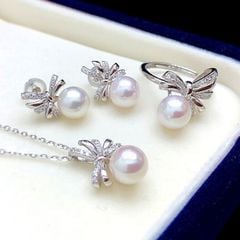 Bộ Set Trang Sức Ngọc Trai Dây Chuyền, Nhẫn Và Bông Tai Nơ Đáng Yêu MADAME HIEN PEARLS Cho Nữ SPS100