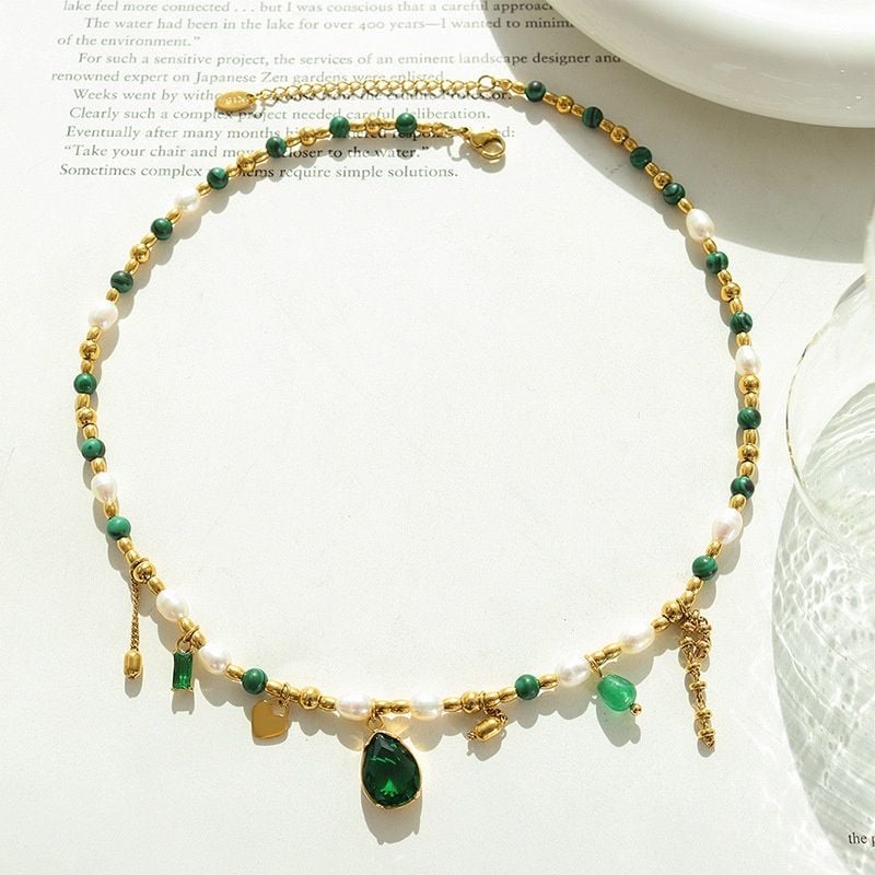 Designer Jewelry Vòng Cổ Ngọc Trai Đính Cham và Ngọc Lam Phong Cách Âu Mỹ Lạ Mắt MADAME HIEN PEARLS CG039