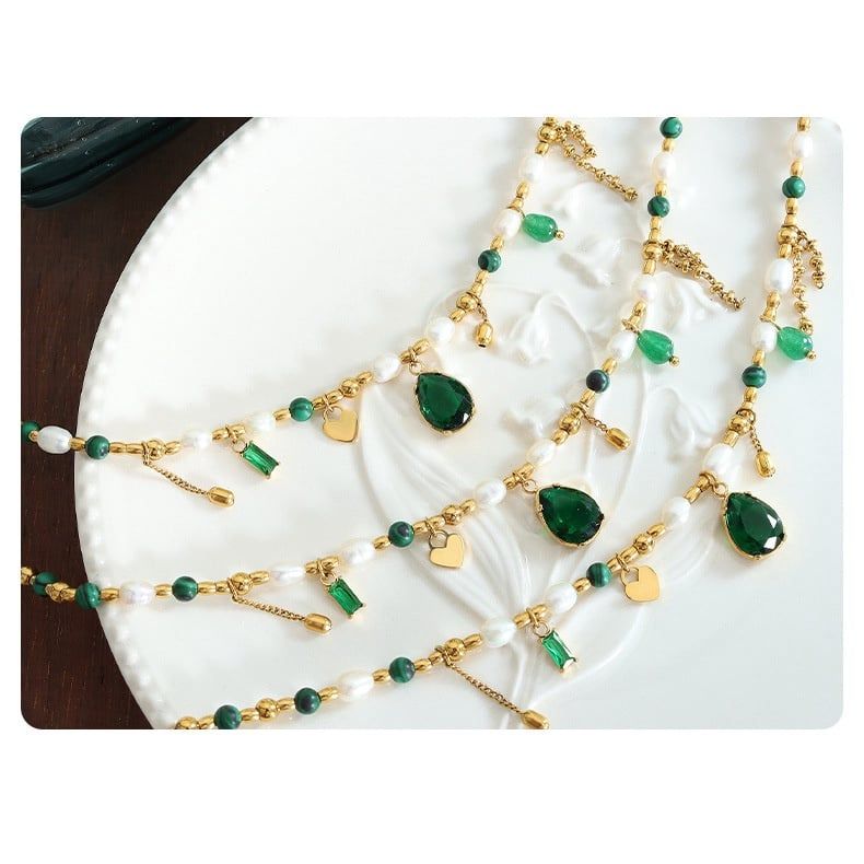 Designer Jewelry Vòng Cổ Ngọc Trai Đính Cham và Ngọc Lam Phong Cách Âu Mỹ Lạ Mắt MADAME HIEN PEARLS CG039