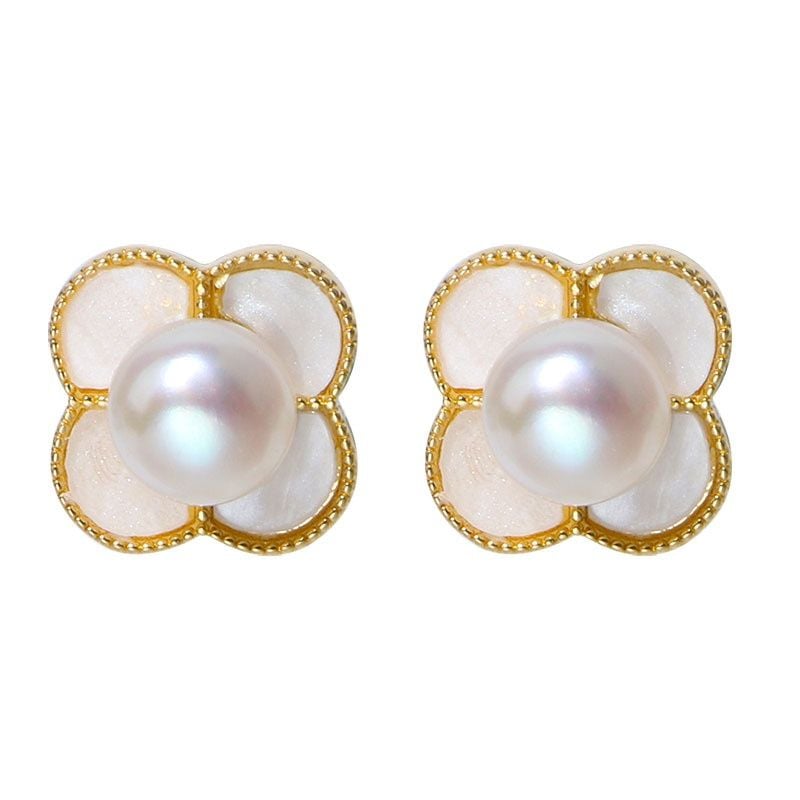 Bông Tai Ngọc Trai Tự Nhiên Cỏ 4 Lá Trắng Xà Cừ Hoạ Tiết LV MADAME HIEN PEARLS Thời Trang Nữ BTN190