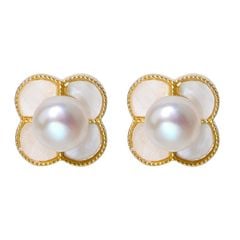Bông Tai Ngọc Trai Tự Nhiên Cỏ 4 Lá Trắng Xà Cừ Hoạ Tiết LV MADAME HIEN PEARLS Thời Trang Nữ BTN190
