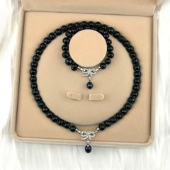 Bộ Set Ngọc Trai Đen Gồm Vòng cổ + Vòng Tay Tự Nhiên 9-10mm Khoá Nơ Bạc Mặt Giọt Nước MADAME HIEN PEARLS SCT004D