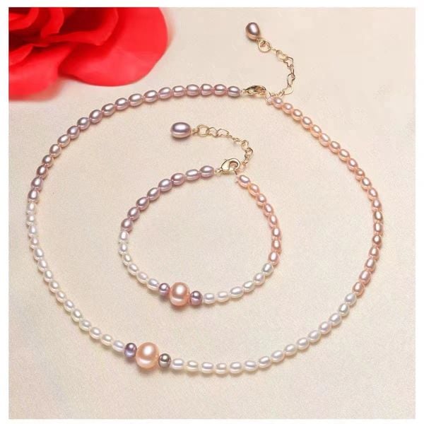 Bộ Set Ngọc Trai Vòng cổ + Vòng Tay Hạt Gạo Tự Nhiên Đa Sắc Mặt 1 Hạt Tròn MADAME HIEN PEARLS Đáng Yêu Cho Nữ SCG001