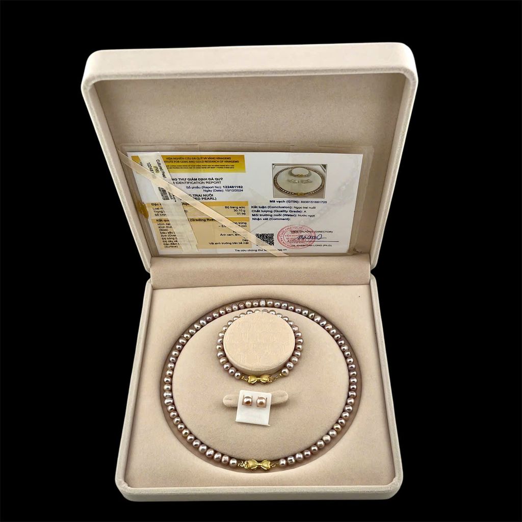 (Kèm kiểm định) Bộ Set Ngọc Trai Vòng cổ, Vòng Tay và Bông tai Tự Nhiên Khoá Nơ Xinh Xắn MADAME HIEN PEARLS Cho Nữ SCT035
