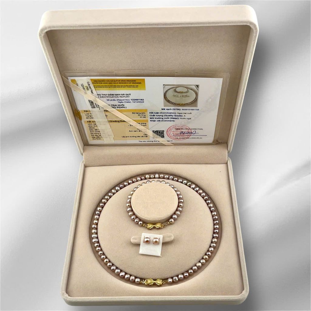 (Kèm kiểm định) Bộ Set Ngọc Trai Vòng cổ, Vòng Tay và Bông tai Tự Nhiên Khoá Nơ Xinh Xắn MADAME HIEN PEARLS Cho Nữ SCT035