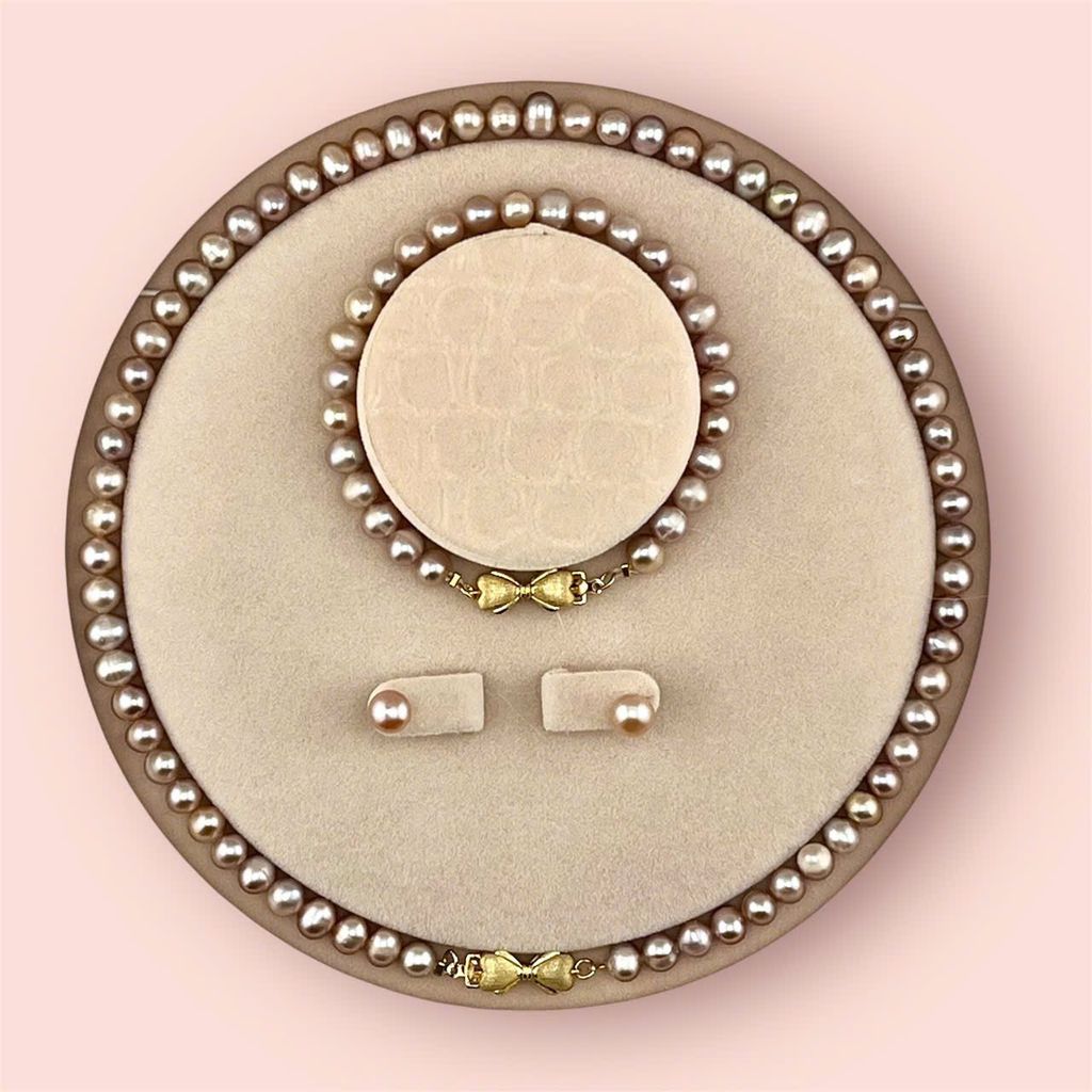 (Kèm kiểm định) Bộ Set Ngọc Trai Vòng cổ, Vòng Tay và Bông tai Tự Nhiên Khoá Nơ Xinh Xắn MADAME HIEN PEARLS Cho Nữ SCT035