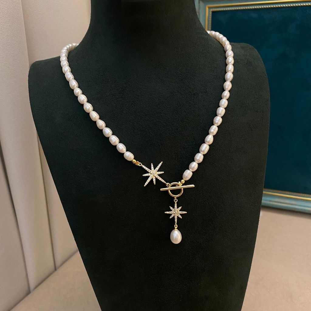 Vòng Cổ Ngọc Trai Hạt Gạo 5-6mm Khoá OT Ngôi Sao Hoa Băng Tuyết MADAME HIEN PEARLS Cho Nữ CG052