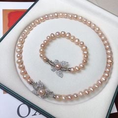 Bộ Set Ngọc Trai Vòng cổ và Vòng Tay Trắng Tự Nhiên Mặt Bướm Đính Hạt Ngọc Trai Xinh Xắn MADAME HIEN PEARLS Cho Nữ SCT043