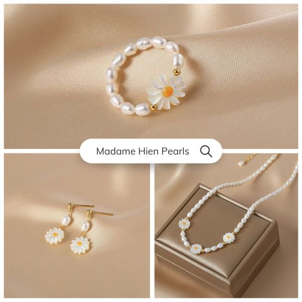 Bộ Trang Sức Vòng cổ, Bông Tai và Nhẫn Ngọc Trai Tự Nhiên Mặt Hoa Cúc Vỏ Sò MADAME HIEN PEARLS Cho Con Gái Yêu SPS063