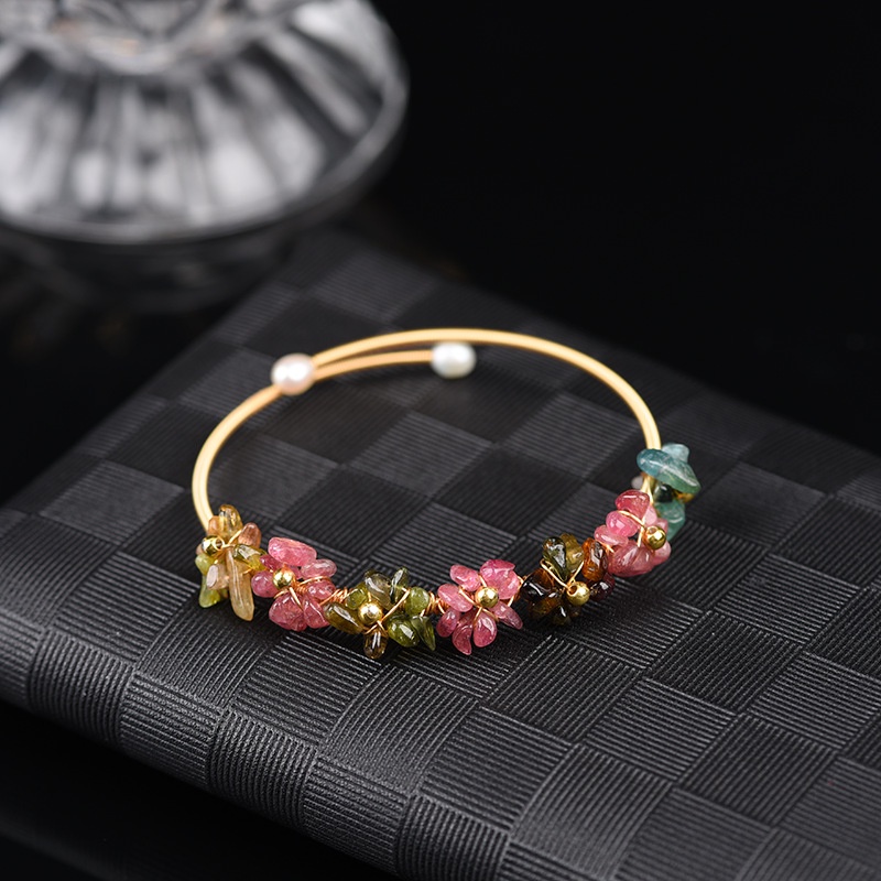 Vòng Tay Ngọc Trai Kết Aquamarine Pha Lê Tourmaline Kiểu Còng Cứng MADAME HIEN PEARLS Có Thể Điều Chỉnh VTG024