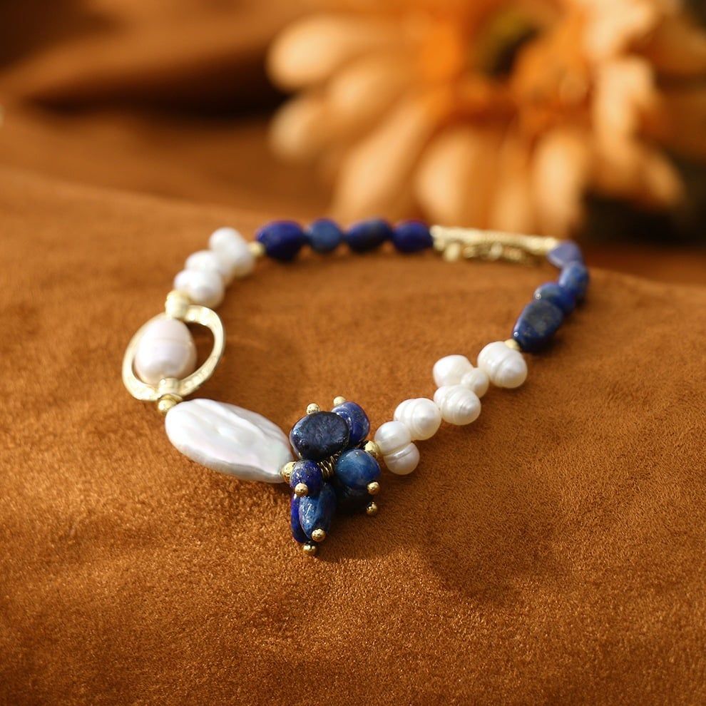 Vòng Tay Ngọc Trai Baroque Tự Nhiên Phối Đá Lapis Mặt Nút Love Khoá OT Cá Tính MADAME HIEN PEARLS Unisex Nam Nữ VTB012