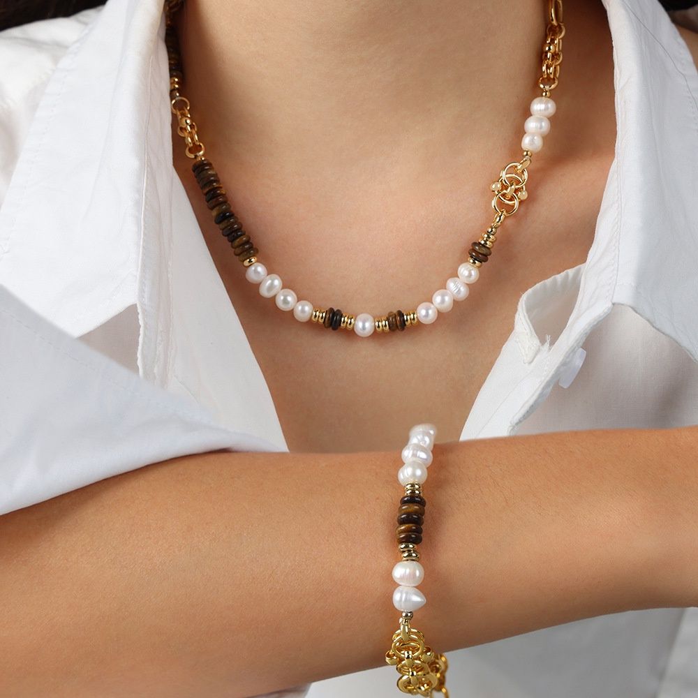 Vòng Tay Ngọc Trai Đính Đá Mắt Hổ Tự Nhiên Phong Cách Âu Mỹ Cổ Điển Sang Trọng Unisex Nam Nữ VTB026