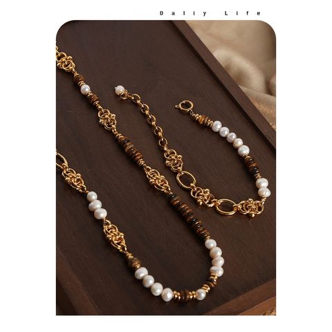 Bộ Ngọc Trai gồm Vòng Cổ và Vòng Tay Ngọc Trai Đính Đá Mắt Hổ Tự Nhiên Phong Cách Âu Mỹ Cổ Điển Sang Trọng SB002