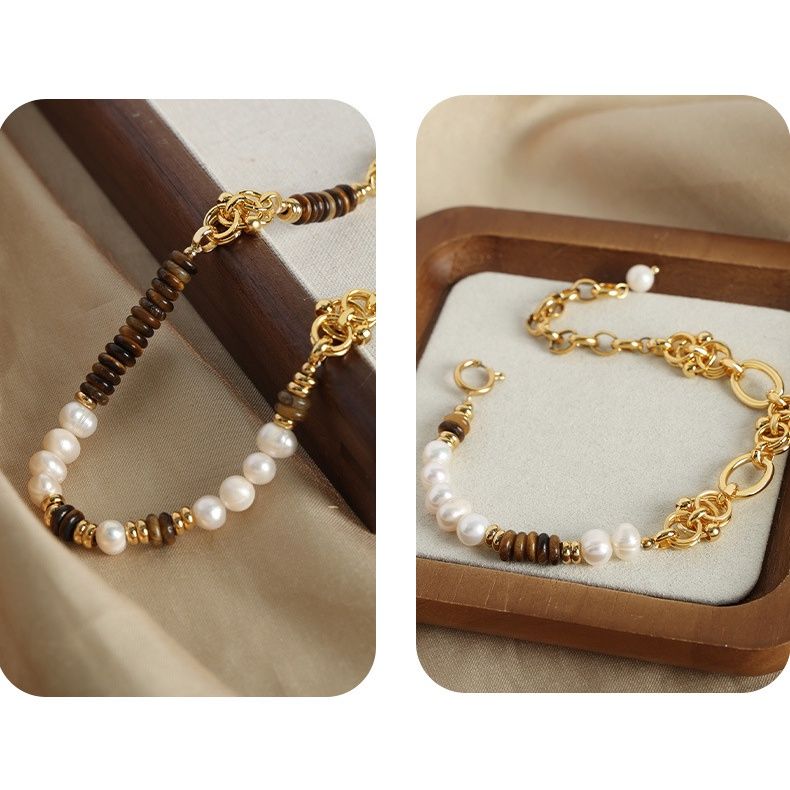 Vòng Tay Ngọc Trai Đính Đá Mắt Hổ Tự Nhiên Phong Cách Âu Mỹ Cổ Điển Sang Trọng Unisex Nam Nữ VTB026