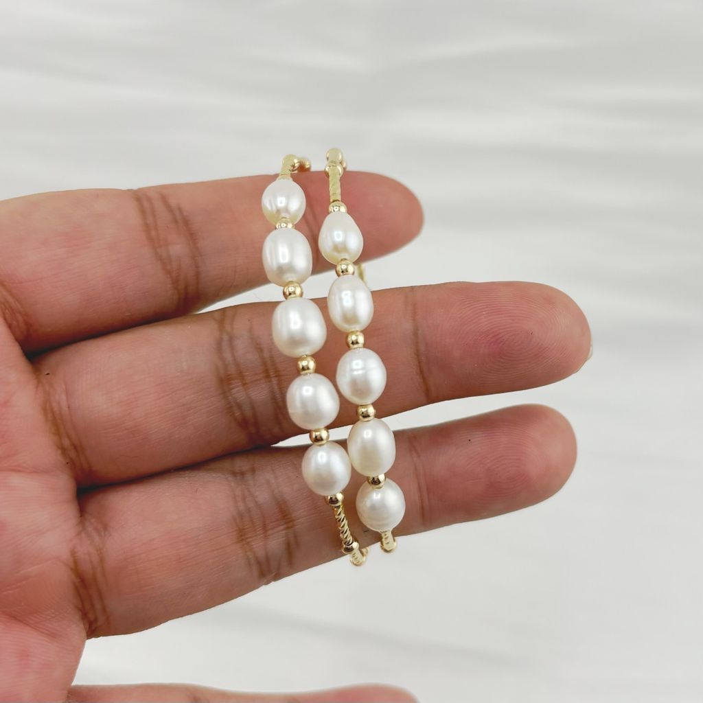 Vòng Tay Ngọc Trai Gọng Còng Cứng 2 Lớp Đính 2 Hàng 10 Hạt Ngọc Trai Giọt Nước MADAME HIEN PEARL VTG034