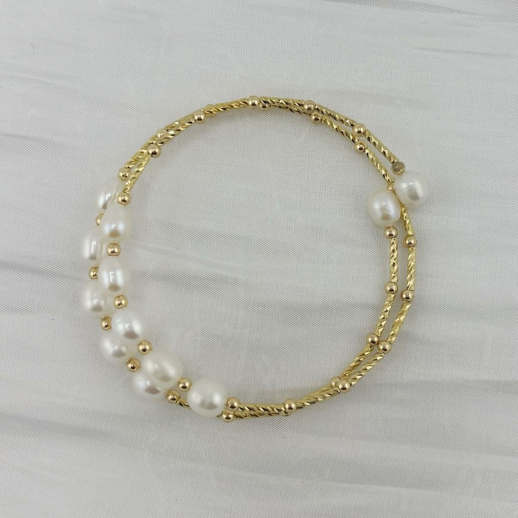 Vòng Tay Ngọc Trai Gọng Còng Cứng 2 Lớp Đính 2 Hàng 10 Hạt Ngọc Trai Giọt Nước MADAME HIEN PEARL VTG034