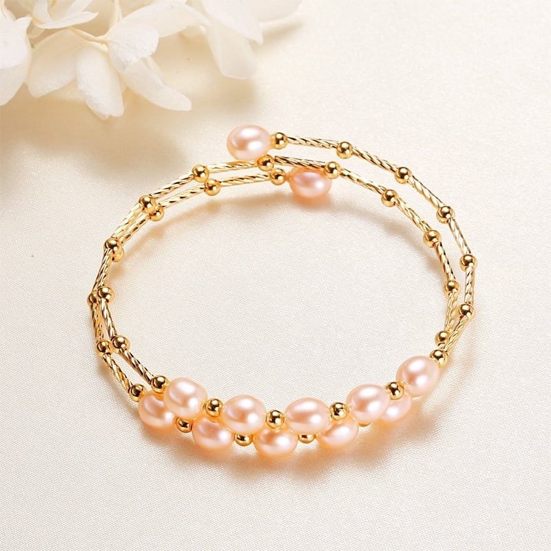 Vòng Tay Ngọc Trai Gọng Còng Cứng 2 Lớp Đính 2 Hàng 10 Hạt Ngọc Trai Giọt Nước MADAME HIEN PEARL VTG034