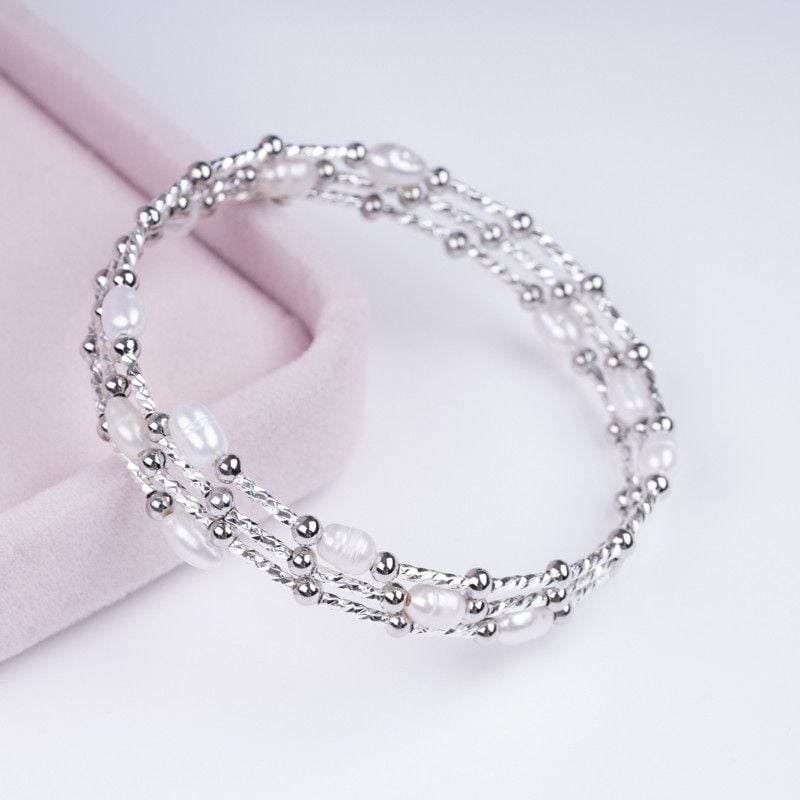 Vòng Tay Ngọc Trai Gọng Còng Cứng 2 Lớp Đính 2 Hàng 10 Hạt Ngọc Trai Giọt Nước MADAME HIEN PEARL VTG034