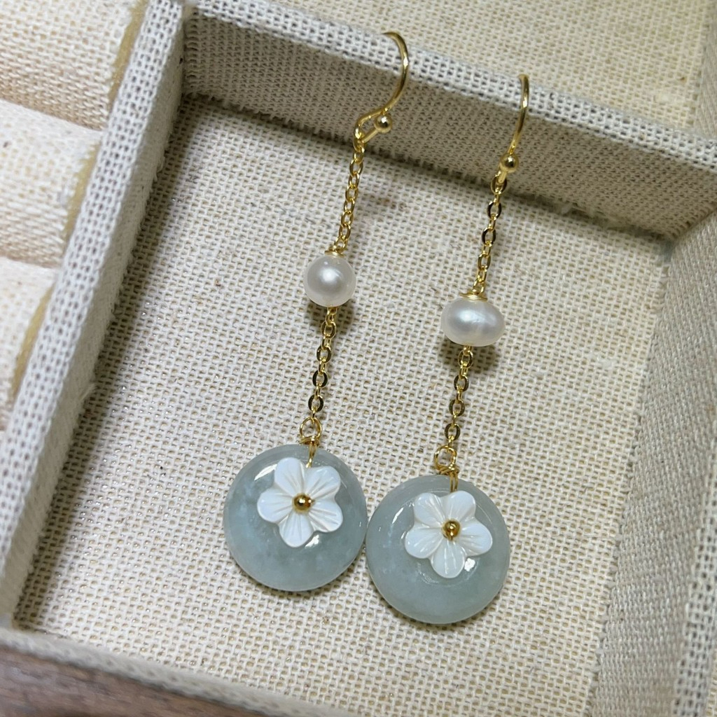 Bông Tai Ngọc Trai Tự Nhiên Tua Rua Mặt Cẩm Thạch Đồng Điếu Cổ Điển Sang Trọng MADAME HIEN PEARLS Nữ Tính BTT124