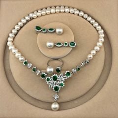 Bộ Set Ngọc Trai Vòng Cổ, Bông Tai và Nhẫn Tự Nhiên Đính Đá Quý Xanh Lục Bảo MADAME HIEN PEARLS Cho Nữ SCT029