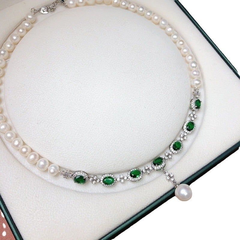 Bộ Set Ngọc Trai Vòng Cổ, Bông Tai và Nhẫn Tự Nhiên Đính Đá Quý Xanh Lục Bảo MADAME HIEN PEARLS Cho Nữ SCT029