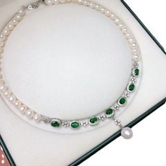 Bộ Set Ngọc Trai Vòng Cổ, Bông Tai và Nhẫn Tự Nhiên Đính Đá Quý Xanh Lục Bảo MADAME HIEN PEARLS Cho Nữ SCT029