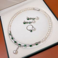Bộ Set Ngọc Trai Vòng Cổ, Bông Tai và Nhẫn Tự Nhiên Đính Đá Quý Xanh Lục Bảo MADAME HIEN PEARLS Cho Nữ SCT029