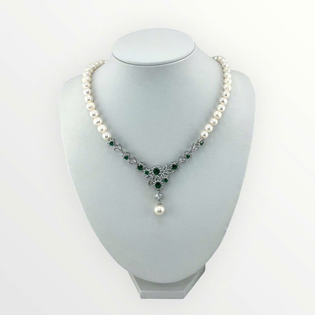 Bộ Set Ngọc Trai Vòng Cổ, Bông Tai và Nhẫn Tự Nhiên Đính Đá Quý Xanh Lục Bảo MADAME HIEN PEARLS Cho Nữ SCT029