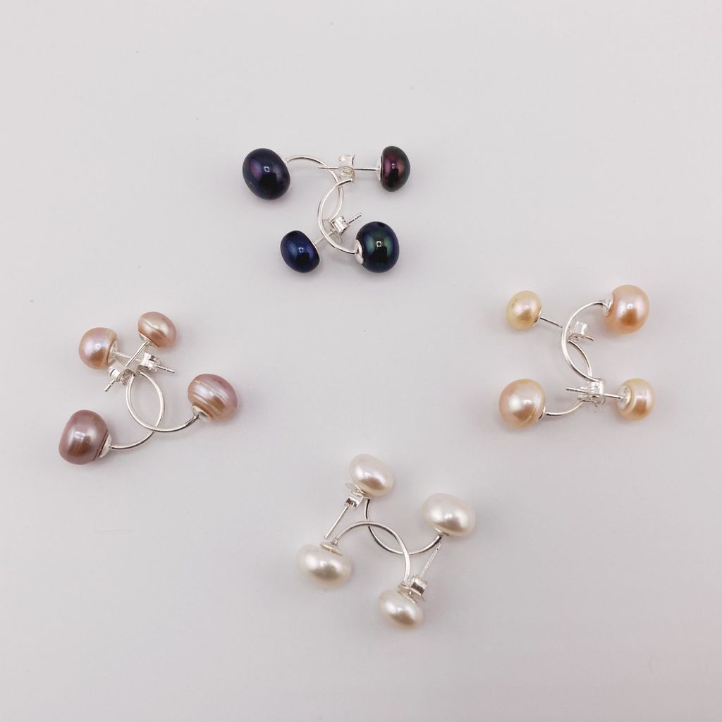 Bông Tai Bạc 925 Đính 2 Hạt Ngọc Trai Tự Nhiên Lớn Nhỏ Kiểu DIOR Dáng Cong Sang Trọng MADAME HIEN PEARLS BTN087