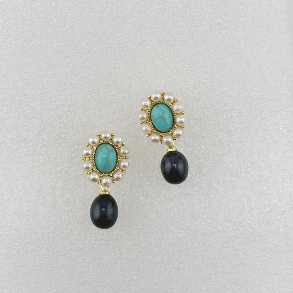 Bông Tai Ngọc Trai Tự Nhiên Mặt Turquoise Cổ Điển Viền Ngọc Trai Phong Cách Phương Đông Đính Tua Rua Hạt Ngọc Trai Giọt Nước Tự Nhiên MADAME HIEN PEARLS BTG091