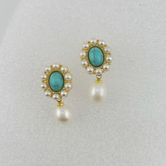 Bông Tai Ngọc Trai Tự Nhiên Mặt Turquoise Cổ Điển Viền Ngọc Trai Phong Cách Phương Đông Đính Tua Rua Hạt Ngọc Trai Giọt Nước Tự Nhiên MADAME HIEN PEARLS BTG091
