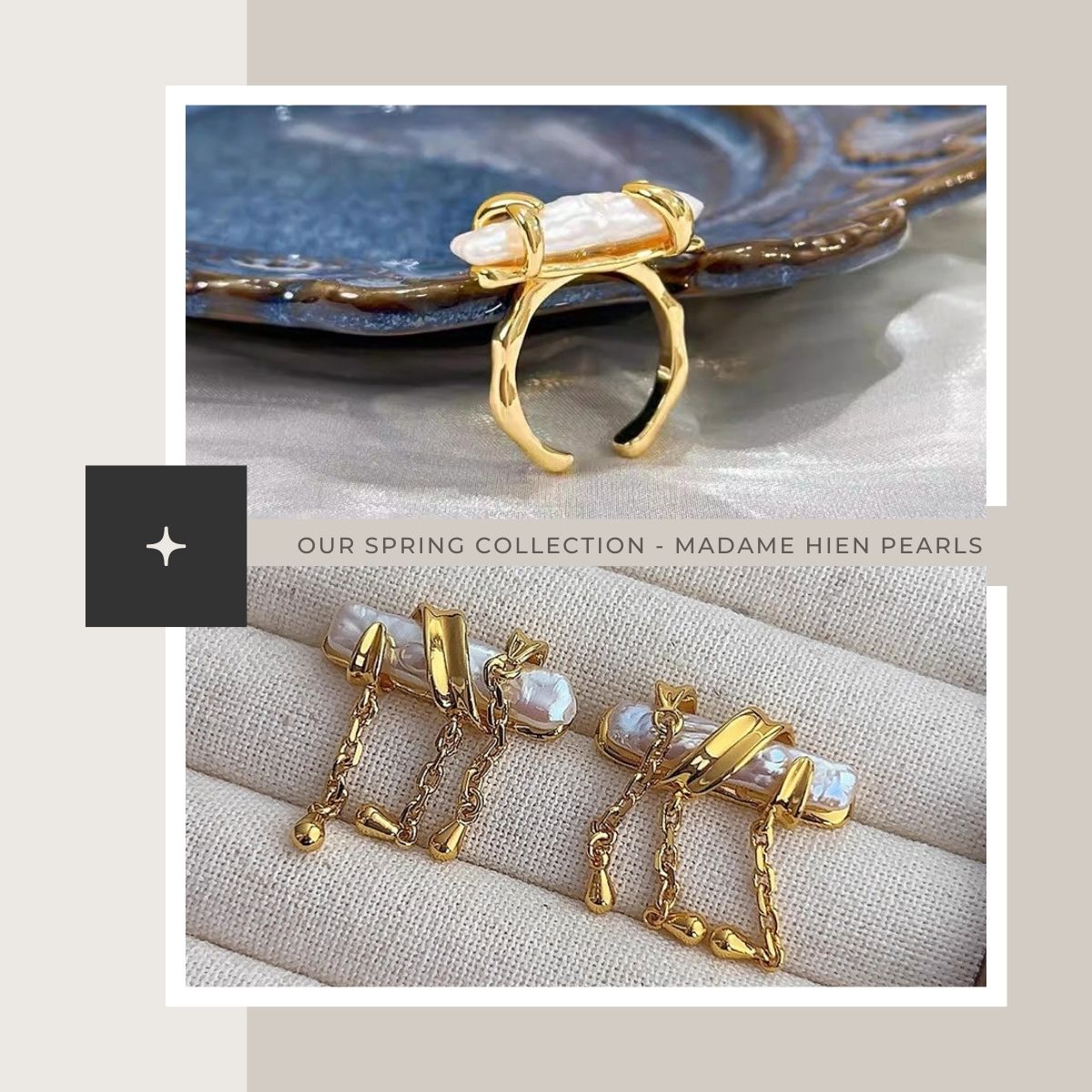 Designer Jewelry Bộ Trang Sức Bông Tai và Nhẫn Thiết Kế Ngọc Trai Dị Dạng Que Bệnh Dây Kim Khúc Tre Tua Rua Retro MADAME HIEN PEARLS Sang Trọng SPS067