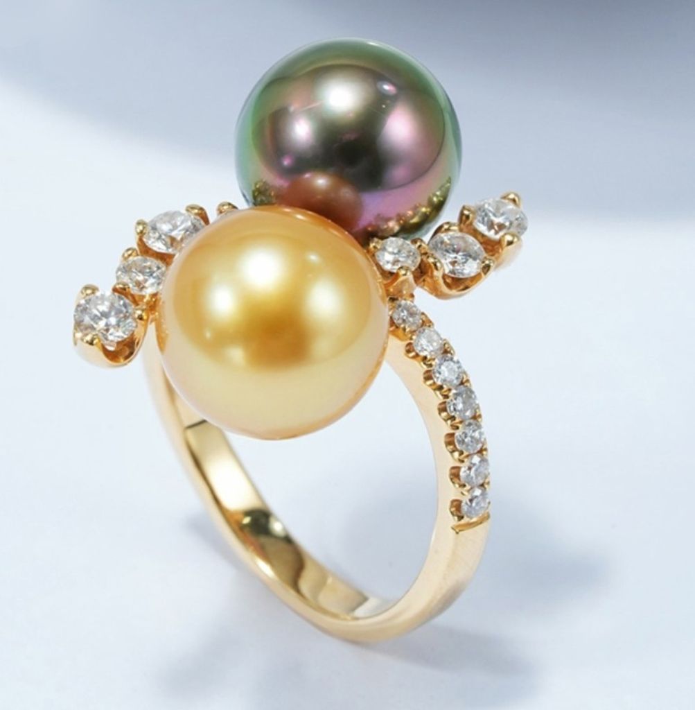 Nhẫn Vàng Thật 18k 1c23 Đính 2 Hạt Ngọc Trai Đôi 10-11mm Hạt Tròn Đẹp Grade AAA MADAME HIEN PEARLS V18NT003
