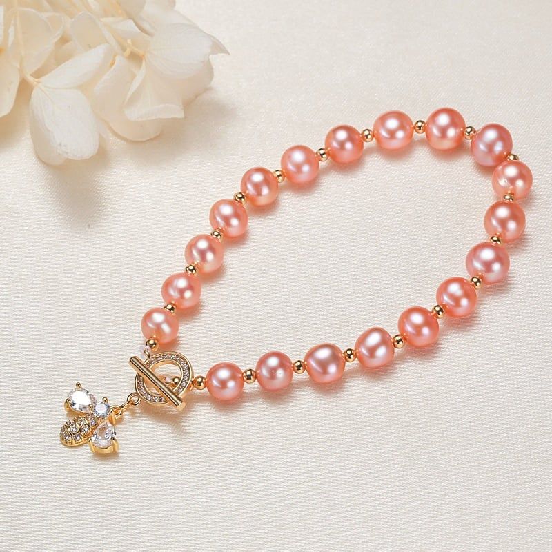 Vòng Tay Chuỗi Ngọc Trai Tự Nhiên Mặt Khoá OT Phối Tua Rua Cham Ong Little Bee MADAME HIEN PEARLS VTT093