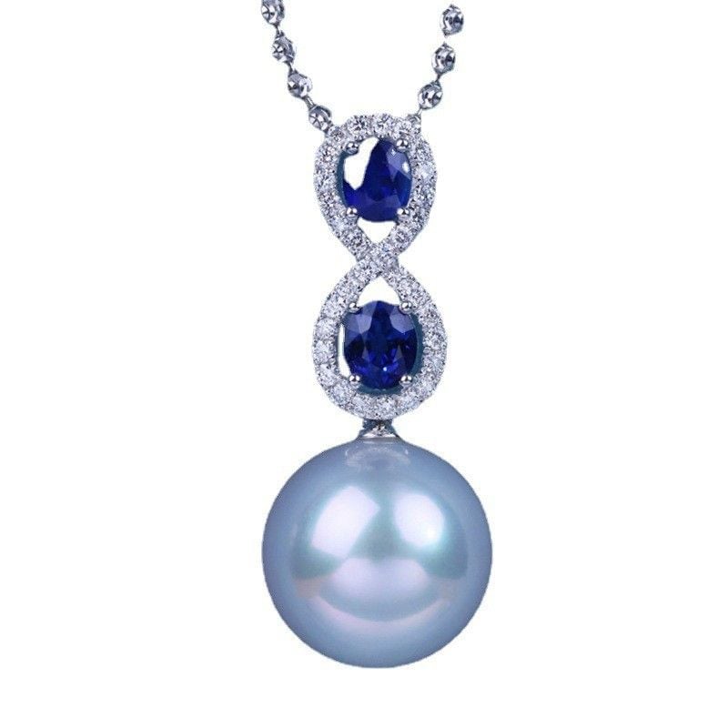 Dây Chuyền Ngọc Trai Tròn Tự Nhiên Phối Mặt Đá Sapphire Hình Số 8 May Mắn MADAME HIEN PEARLS MT045