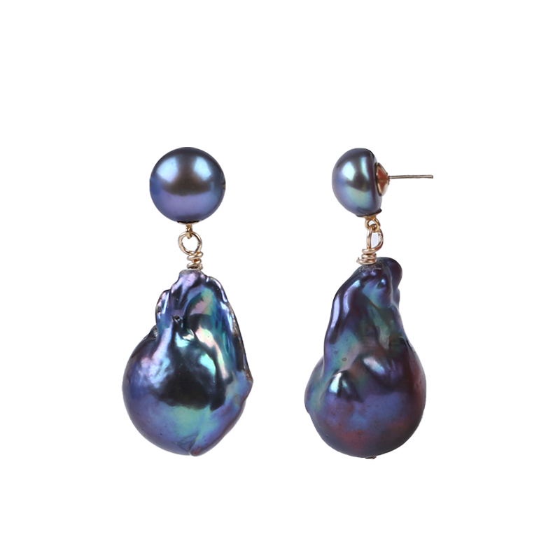 Bông tai Ngọc Trai Tua Rua Hạt Dị Baroque Đen Lông Công Phối Mặt Nụ MADAME HIEN PEARLS Thời Trang Nữ BTB078