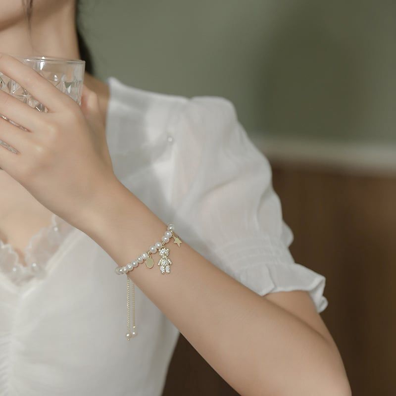 Vòng Tay Ngọc Trai Đơn giản Hạt Baroque Tự Nhiên Phối Cham Gấu Teddy Bear Và Ngôi Sao MADAME HIEN PEARLS Cho Bé VTB077