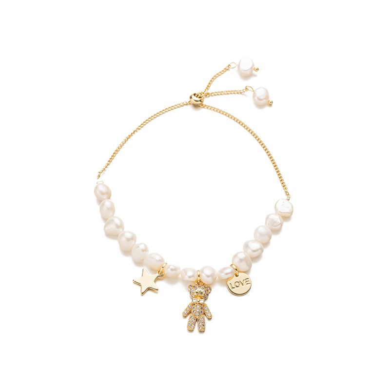 Vòng Tay Ngọc Trai Đơn giản Hạt Baroque Tự Nhiên Phối Cham Gấu Teddy Bear Và Ngôi Sao MADAME HIEN PEARLS Cho Bé VTB077