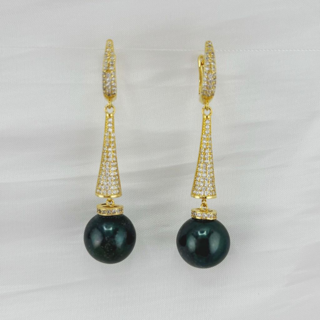 Bông Tai Ngọc Trai Phối Chuôi Bạc Dài Móc Câu Có Khoá Đính Pha Lê Lấp Lánh MADAME HIEN PEARLS Bông Tai Thiết Kế Cao Cấp BTT077